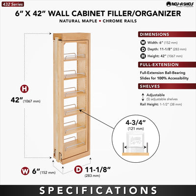 Rev-A-Shelf Pullout Wall Filler Cabinet Wooden Organizer, 42" Hgt, 432-WF42-6C