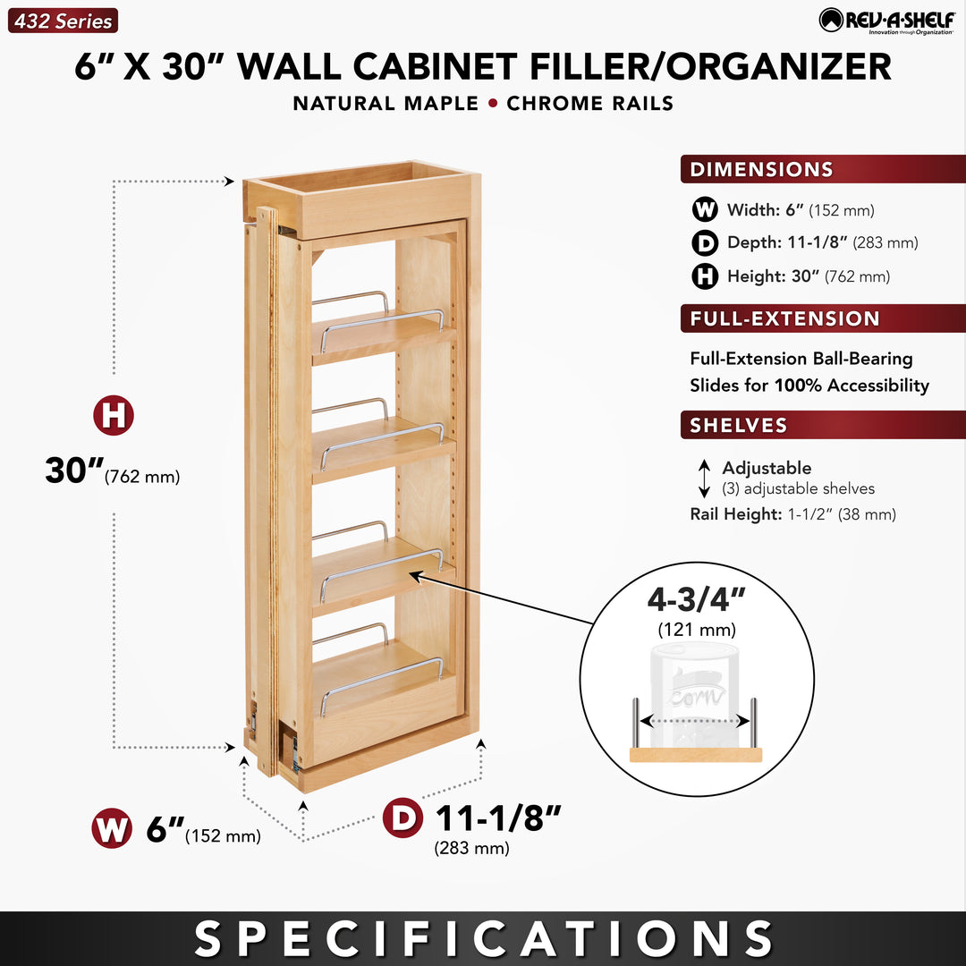 Rev-A-Shelf Pullout Wall Filler Between Cabinet Shelf Storage 6"x30", 432-WF-6C