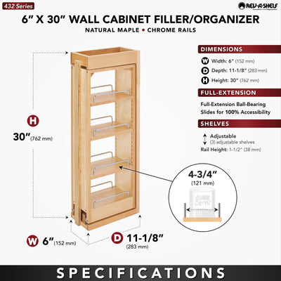 Rev-A-Shelf Pullout Wall Filler Between Cabinet Shelf Storage 6"x30", 432-WF-6C