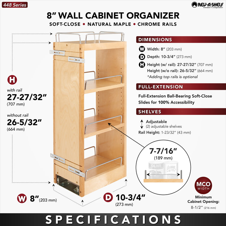 Rev-A-Shelf 9.5" Pullout Kitchen Wall Cabinet Organizer Soft-close, 448-BBSCWC-9C
