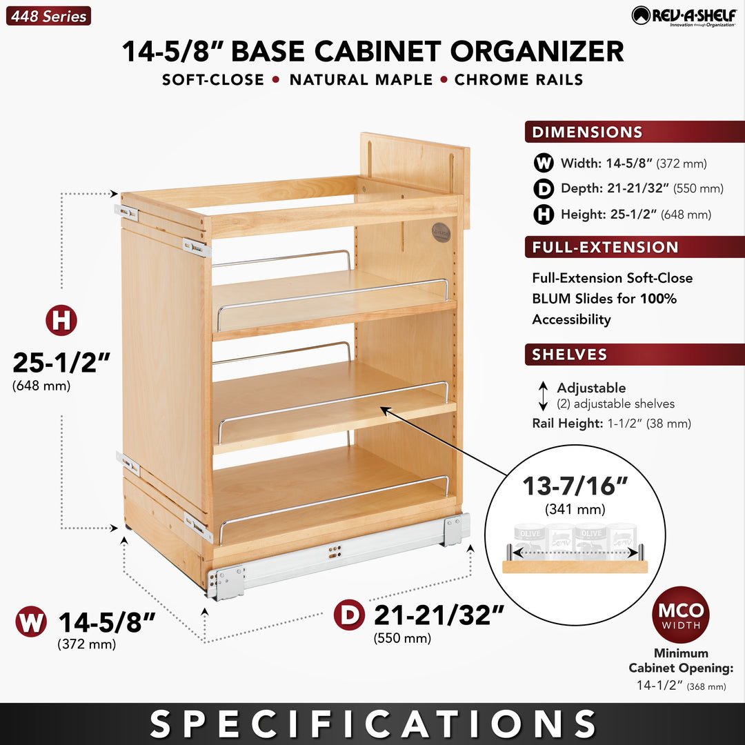 Rev-A-Shelf 14.75" Pullout Kitchen Cabinet Organizer Soft-close, 448-BCSC-14C