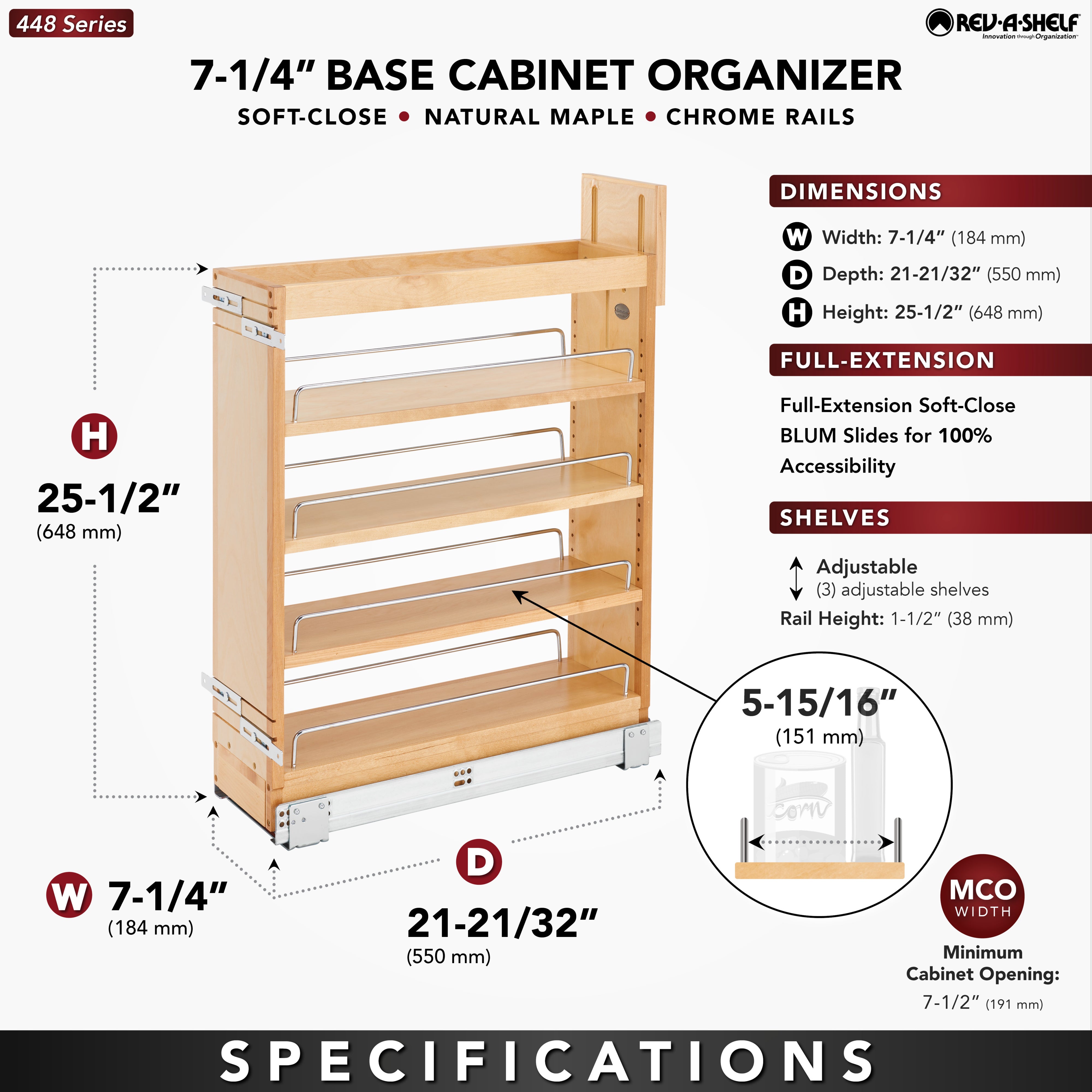 Rev-A-Shelf 7.25'' Pullout Kitchen Cabinet Organizer Soft-close, 448-BCSC-6C - VMInnovations