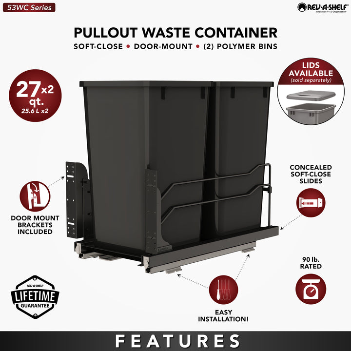 Rev-A-Shelf Double Pullout Kitchen Trash Can 27 qt. Soft-Close 53WC-1527SCDM-218
