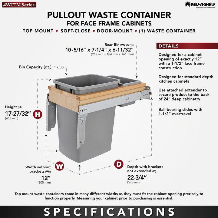 Rev-A-Shelf Pullout Top Mount Trash Can w/ Soft-close, 35 qt., 4WCTM-12BBSCDM1