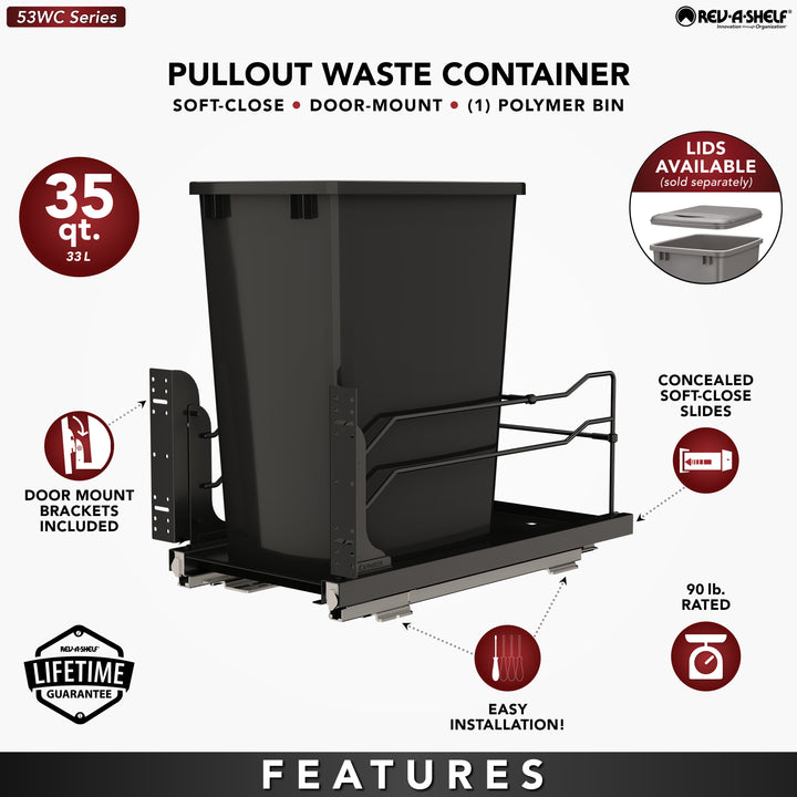 Rev-A-Shelf Pullout Kitchen Trash Can 35 qt. with Soft-Close, 53WC-1535SCDM-118 - VMInnovations