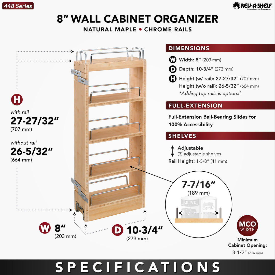 Rev-A-Shelf 8" Pullout Wall Kitchen Cabinet Organizer Storage Rack, 448-WC-8C