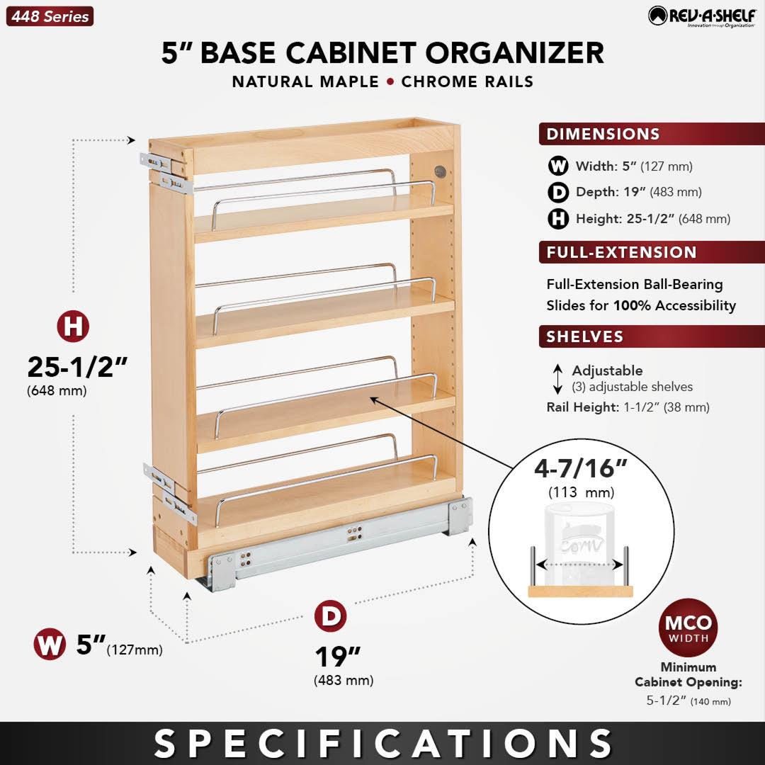 Rev-A-Shelf 5" Pullout Vanity Storage Organizer for Base Cabinets, 448-BC19-5C