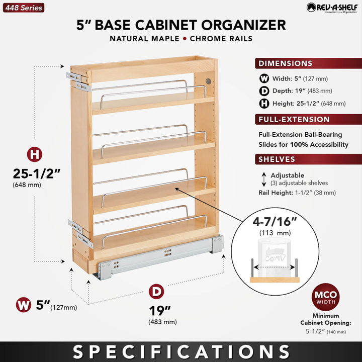 Rev-A-Shelf 5" Pullout Vanity Storage Organizer for Base Cabinets, 448-BC19-5C