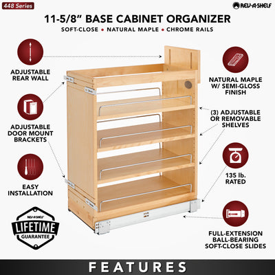 Rev-A-Shelf 11.75" Pullout Kitchen Cabinet Organizer Soft-close, 448-BCSC-11C