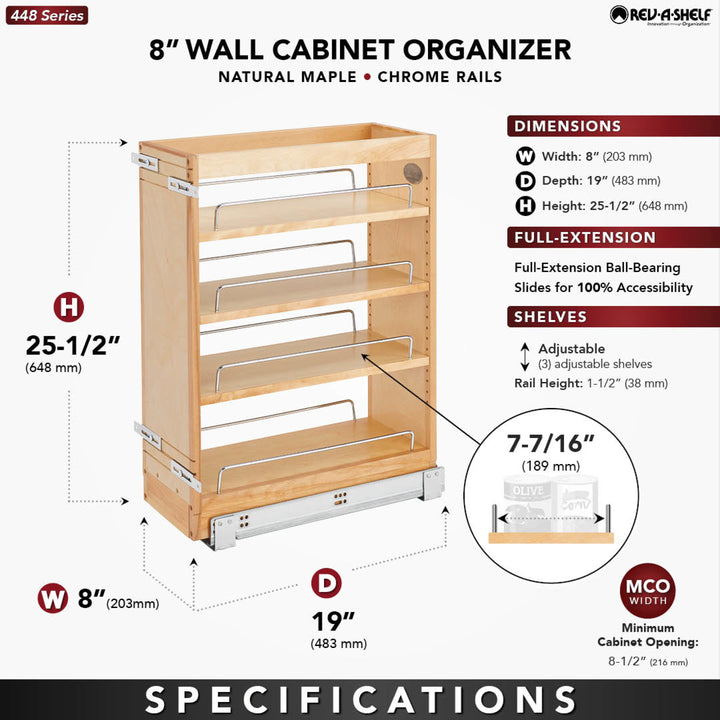 Rev-A-Shelf 8" Pullout Vanity Storage Organizer for Base Cabinets, 448-BC19-8C