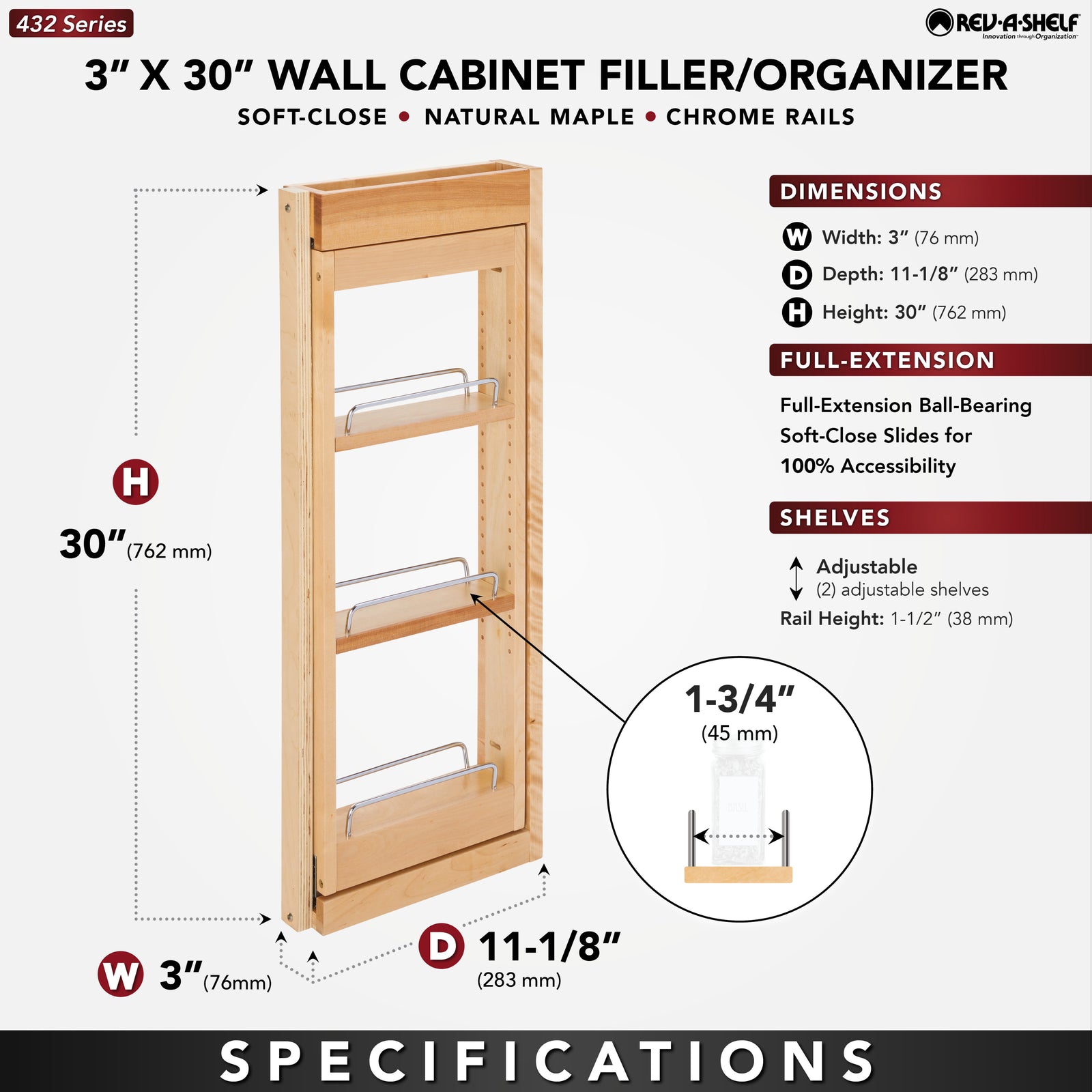 Rev-A-Shelf 3" Pullout Wall Filler w/ Soft-close, 30" Height, 432-WFBBSC30-3C - VMInnovations