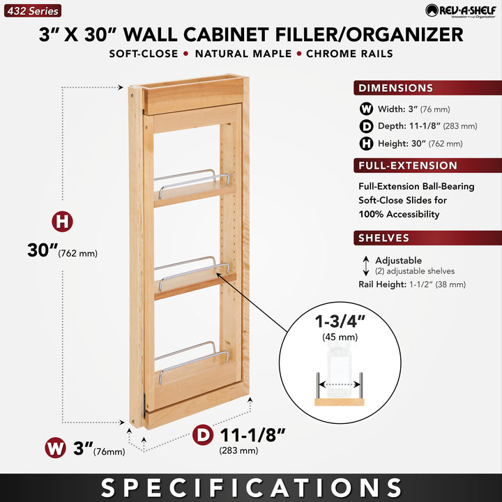 Rev-A-Shelf 3" Pullout Wall Filler w/ Soft-close, 30" Height, 432-WFBBSC30-3C - VMInnovations