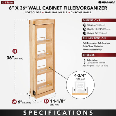 Rev-A-Shelf 6" Pullout Wall Filler w/ Soft-close, 36" Height, 432-WFBBSC36-6C