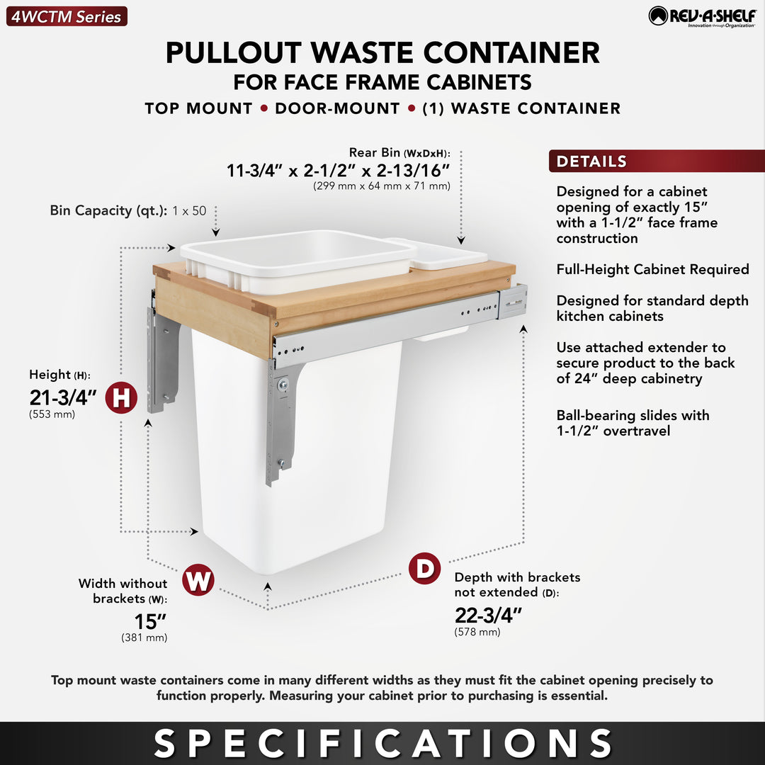 Rev-A-Shelf Pullout Trash Can, Full-Height Cabinet, 50 qt., White,4WCTM-1850DM-1