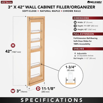 Rev-A-Shelf 3" Pullout Wall Filler w/ Soft-close, 42" Height, 432-WFBBSC42-3C