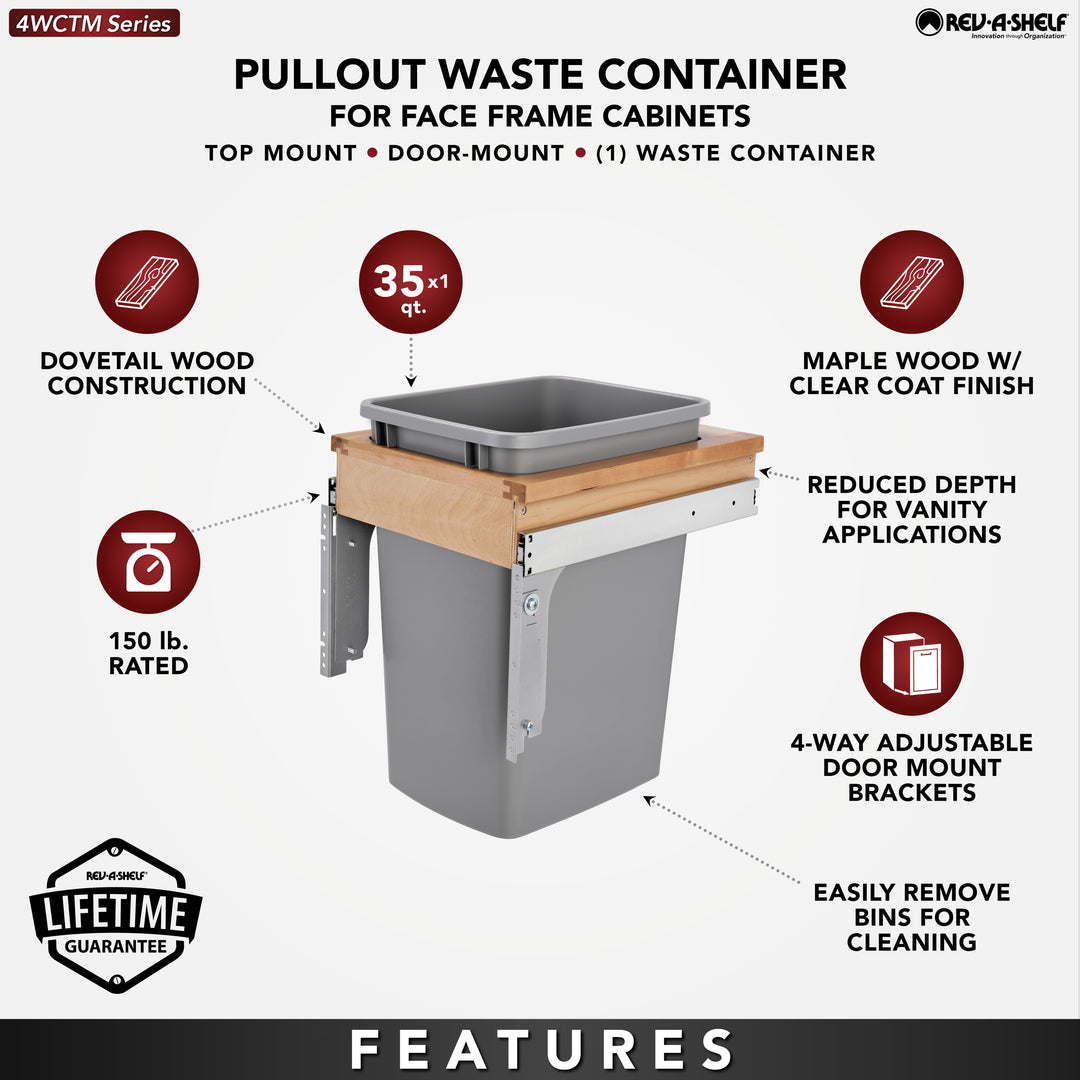 Rev-A-Shelf Single Pullout Trash Can, Reduced Depth, 35 qt., 4WCTM-1516DM-1