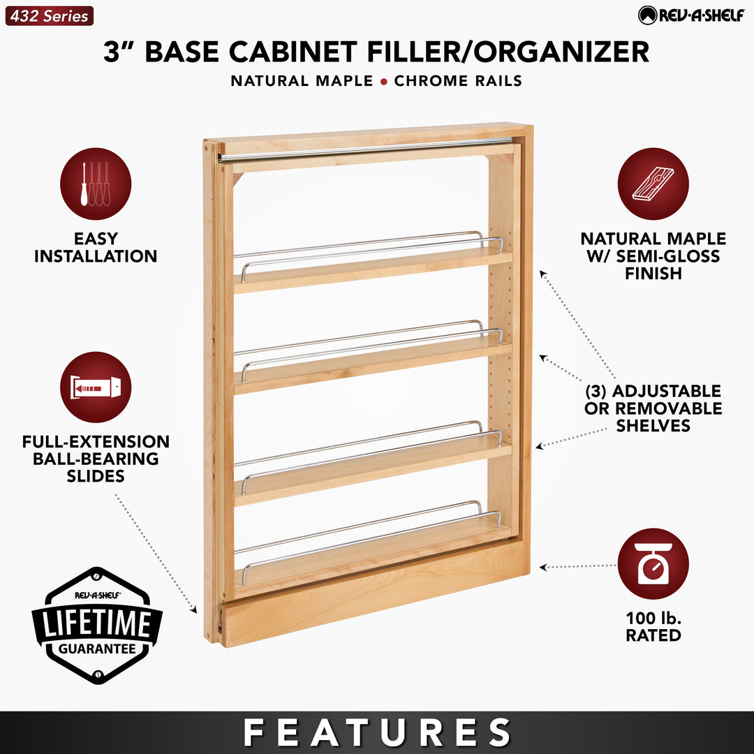 Rev-A-Shelf 3" Pullout Kitchen Cabinet Filler Organizer Spice Rack, 432-BF-3C