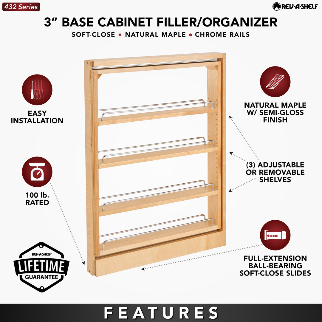 Rev-A-Shelf 3" Pullout Base Filler Cabinet Rack w/ Soft-close, 432-BFBBSC-3C