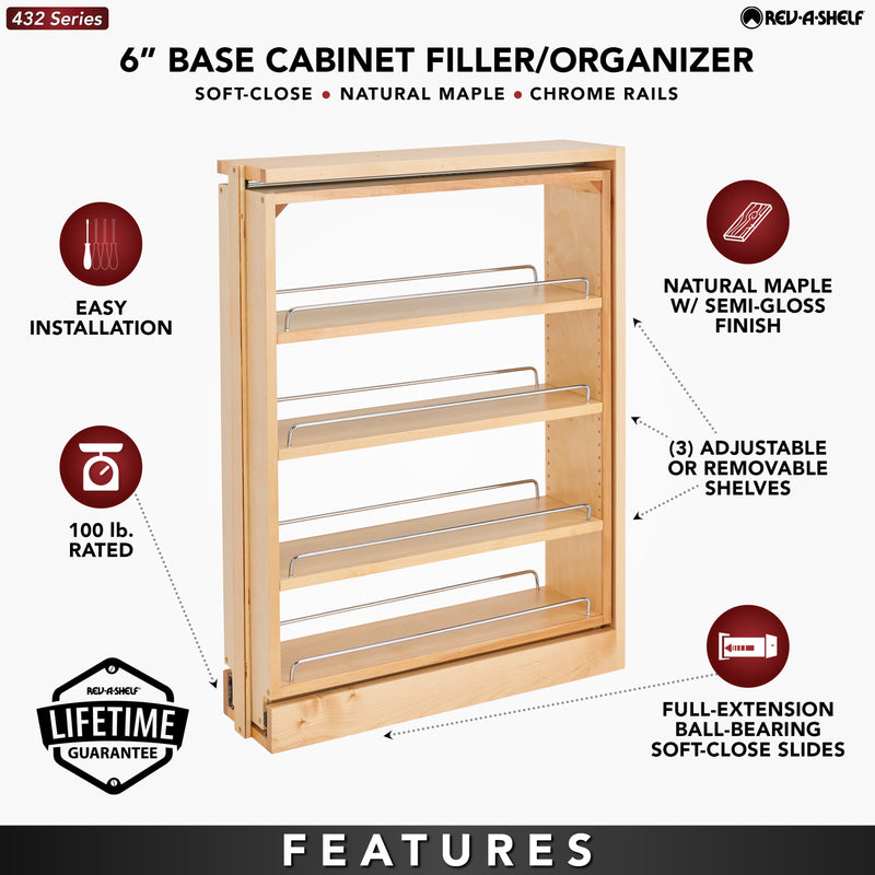 Rev-A-Shelf 6" Pullout Base Filler Cabinet Rack w/ Soft-close, 432-BFBBSC-6C