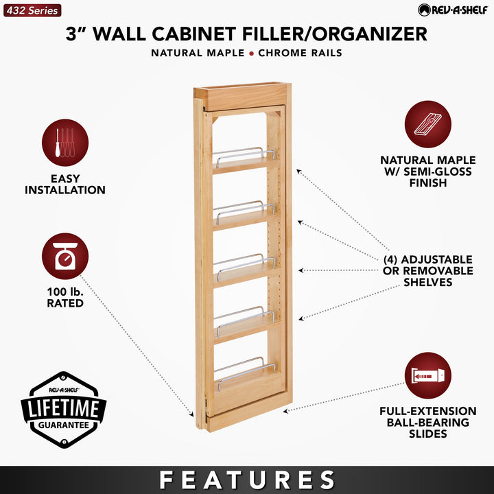 Rev-A-Shelf Pullout Wall Filler Cabinet Wooden Organizer, 36" Hgt, 432-WF36-3C