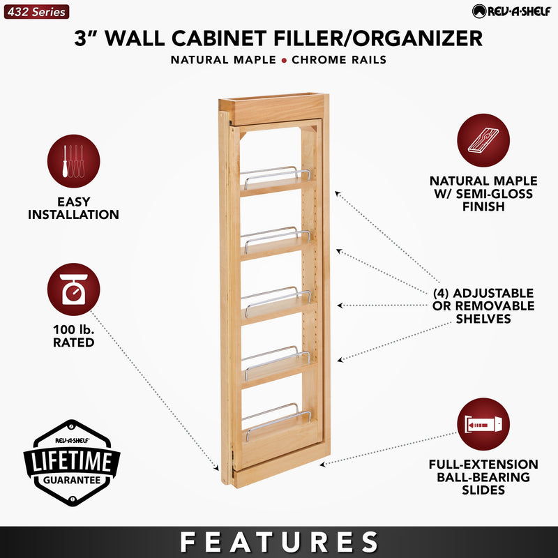 Rev-A-Shelf Pullout Wall Filler Cabinet Wooden Organizer, 36" Hgt, 432-WF36-3C