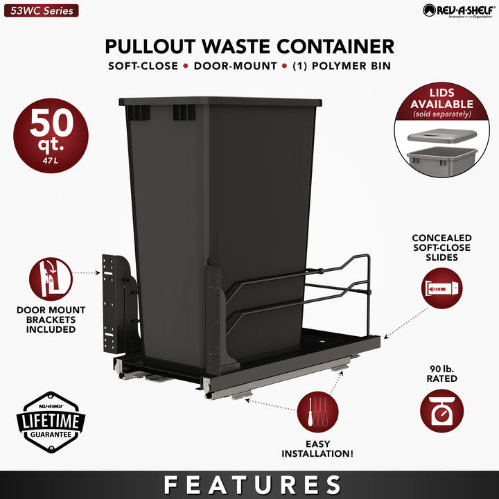 Rev-A-Shelf Pullout Kitchen Trash Can 50 qt. with Soft-Close, 53WC-1550SCDM-118