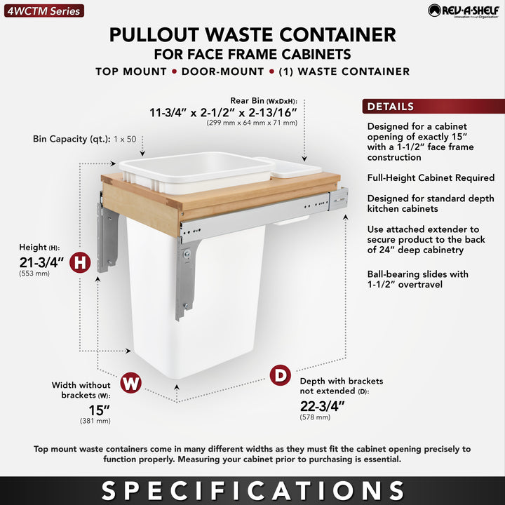 Rev-A-Shelf Pullout Trash Can, Full-Height Cabinet, 50 qt., White,4WCTM-1850DM-1