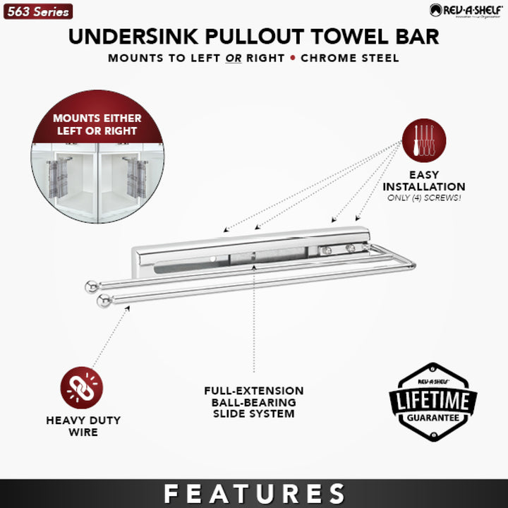 Rev-A-Shelf Pullout Dish Towel Bar Under Kitchen Cabinet, Chrome, 563-51-C