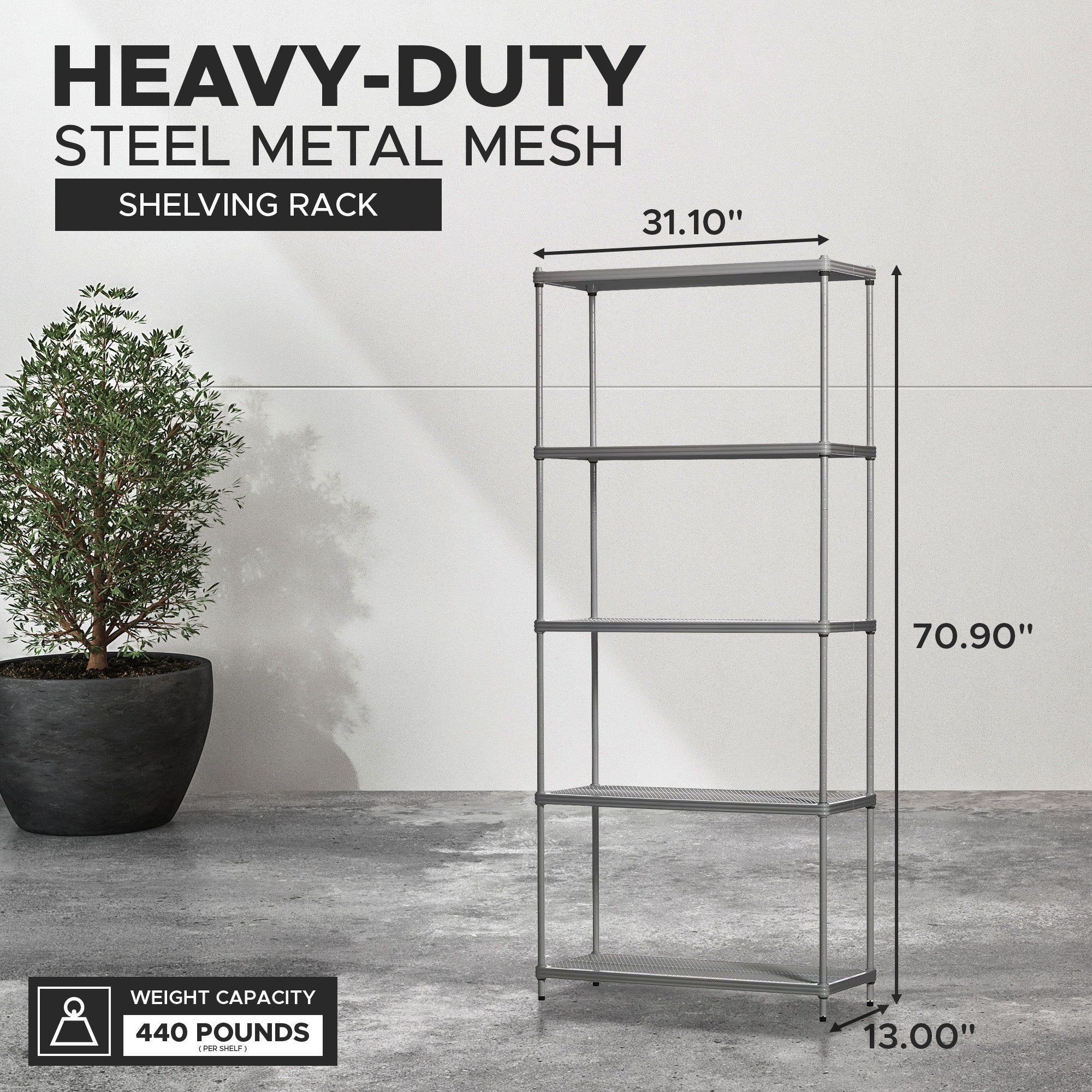 Design Ideas MeshWorks 5 Tier Metal Storage Shelving Unit Rack Bookshelf, Silver - VMInnovations