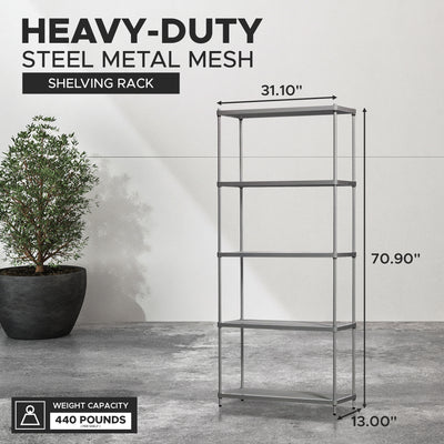 Design Ideas MeshWorks 5 Tier Metal Storage Shelving Unit Rack Bookshelf, Silver - VMInnovations