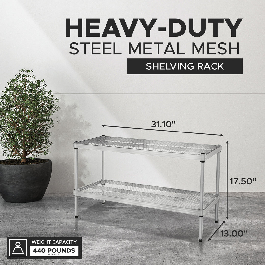 Design Ideas MeshWorks 2 Tier Full-Size Metal Storage Shelving Unit Rack, Silver - VMInnovations