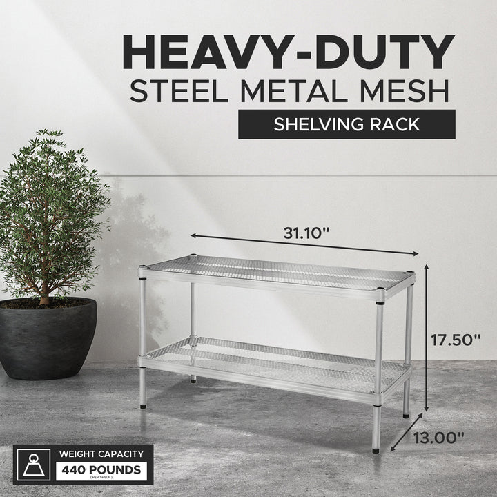 Design Ideas MeshWorks 2 Tier Full-Size Metal Storage Shelving Unit Rack, Silver - VMInnovations