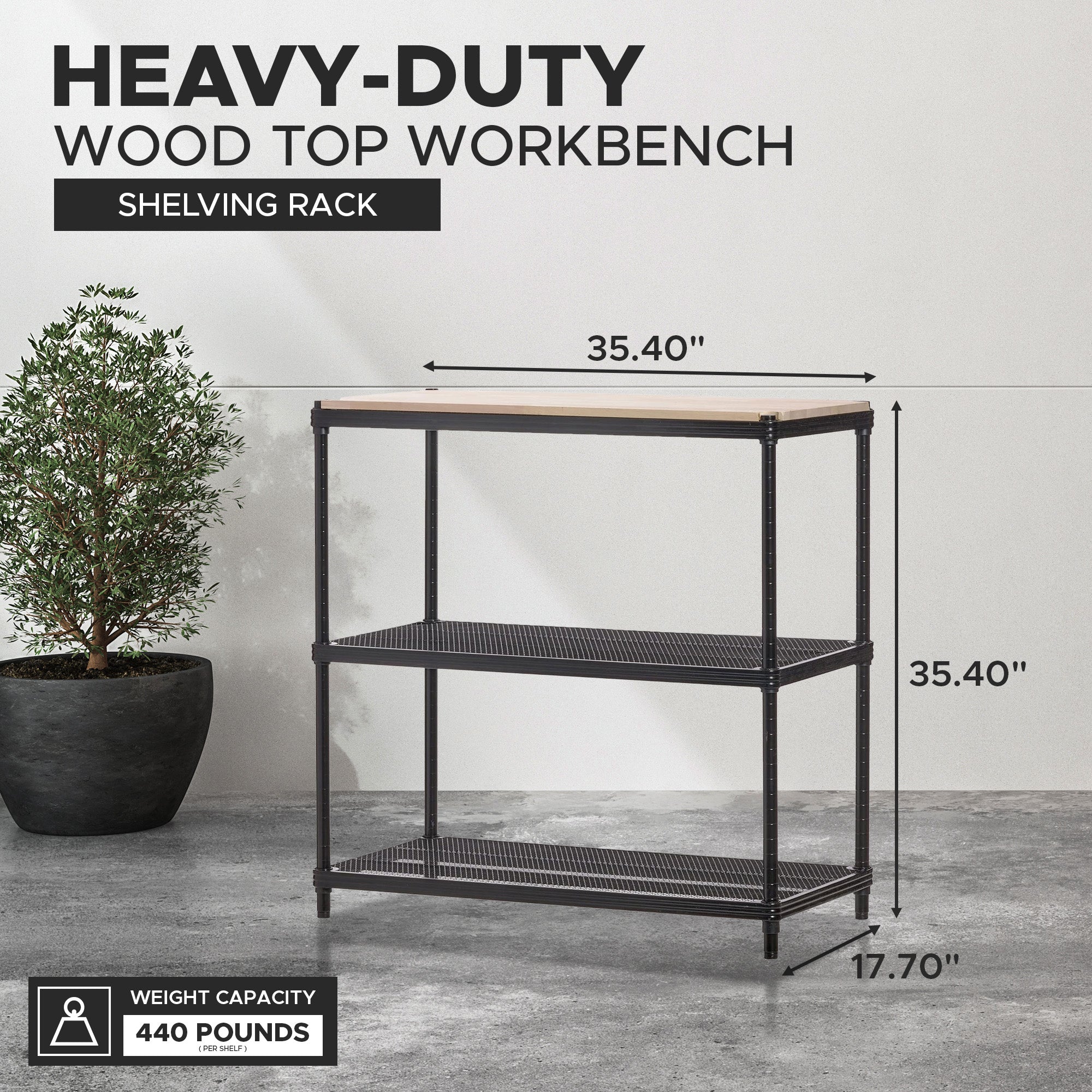 Design Ideas Metal Storage Wood Top Workbench Shelving Unit, Black (Open Box) - VMInnovations
