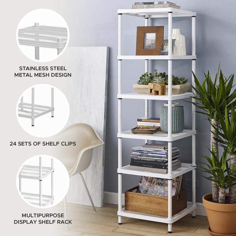 Design Ideas MeshWorks 6 Tier Tower Metal Storage Shelving Unit Rack, White