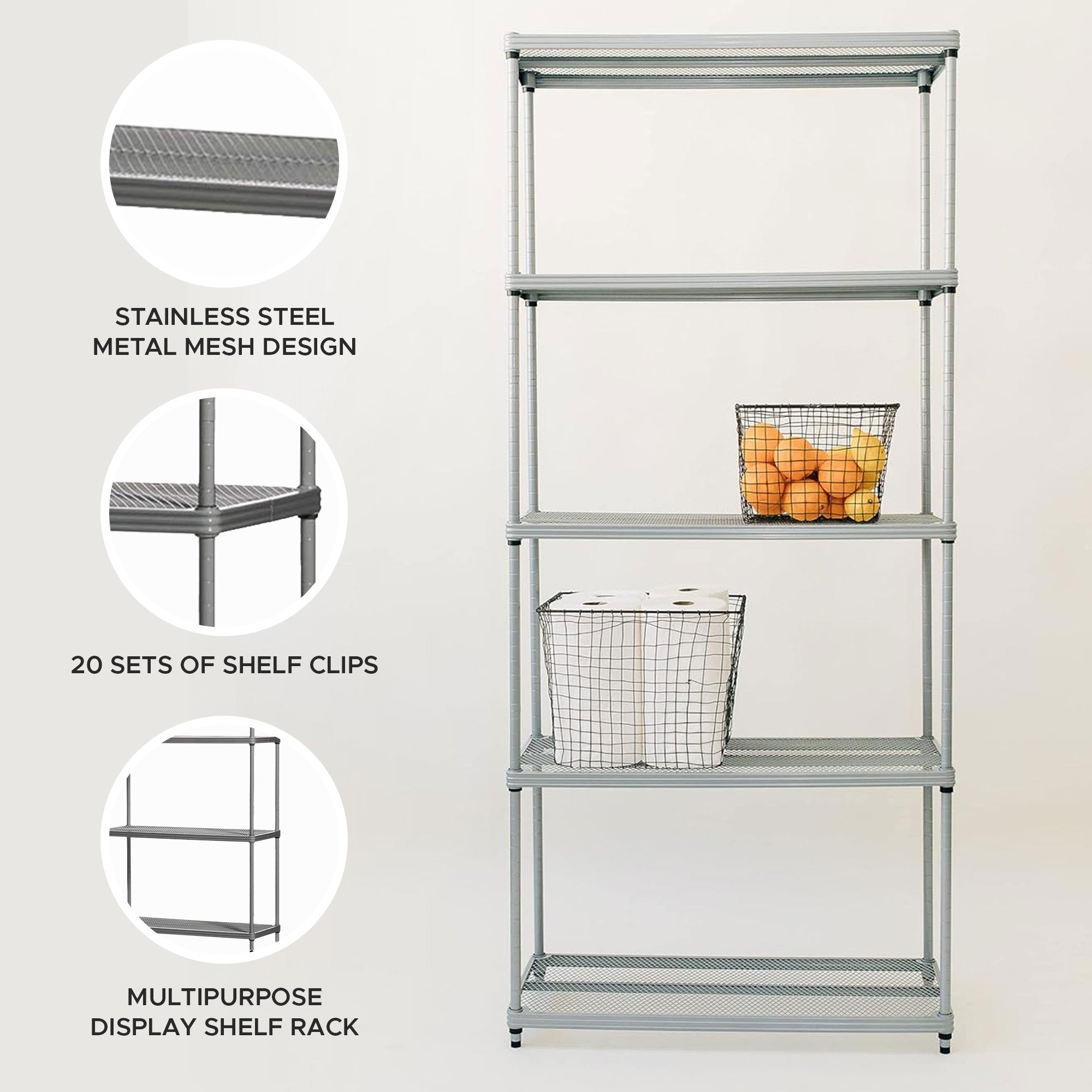 Design Ideas MeshWorks 5 Tier Metal Storage Shelving Unit Rack Bookshelf, Silver - VMInnovations