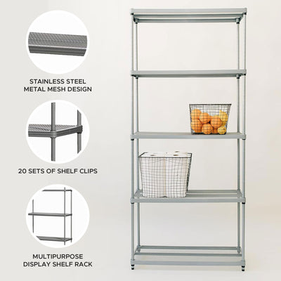 Design Ideas MeshWorks 5 Tier Metal Storage Shelving Unit Rack Bookshelf, Silver - VMInnovations