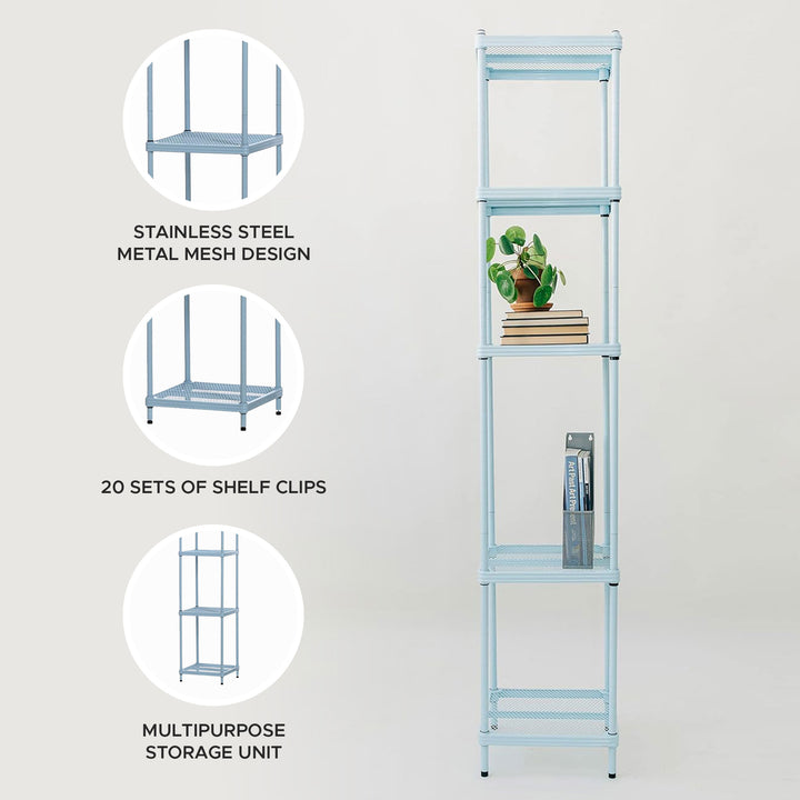 Design Ideas MeshWorks 5 Tier Tower Metal Storage Shelving Unit Rack, Sky Blue