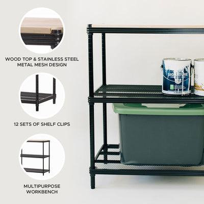 Design Ideas Metal Storage Wood Top Workbench Shelving Unit, Black (Open Box) - VMInnovations