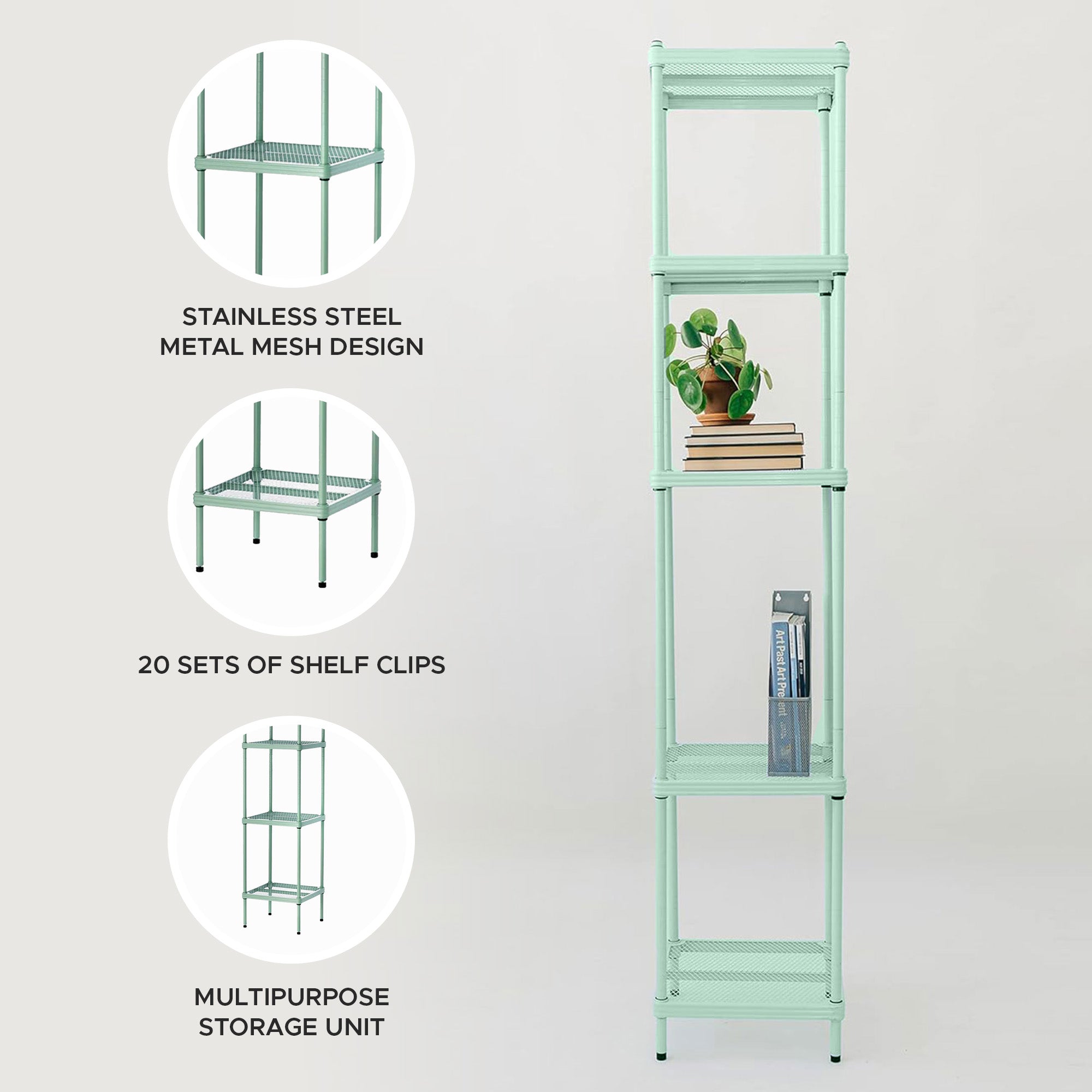 Design Ideas MeshWorks 5 Tier Tower Metal Storage Shelving Unit Rack, Sage Green - VMInnovations