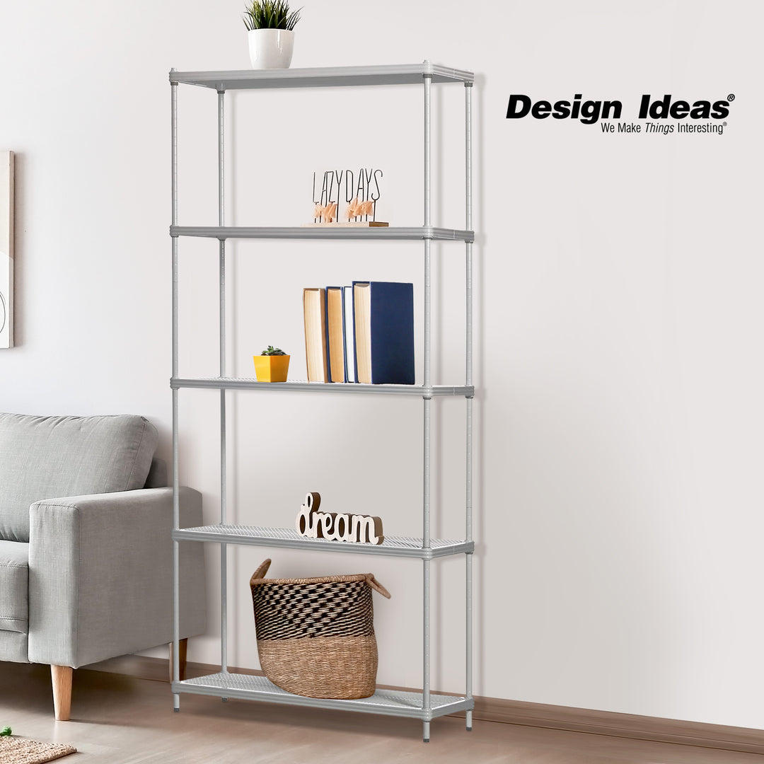 Design Ideas MeshWorks 5 Tier Metal Storage Shelving Unit Rack Bookshelf, Silver