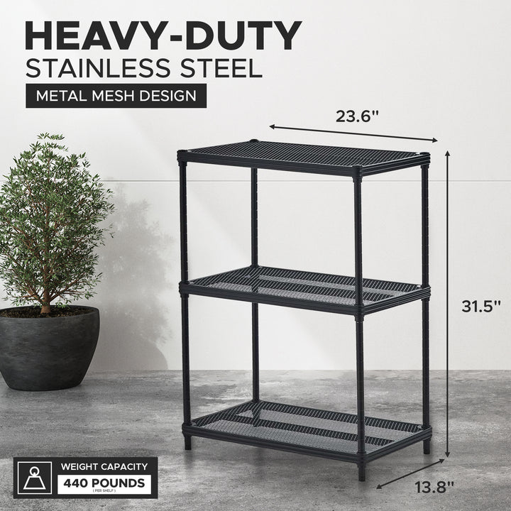 Design Ideas MeshWorks 3 Tier Full-Size Metal Storage Shelving Unit Rack, Black