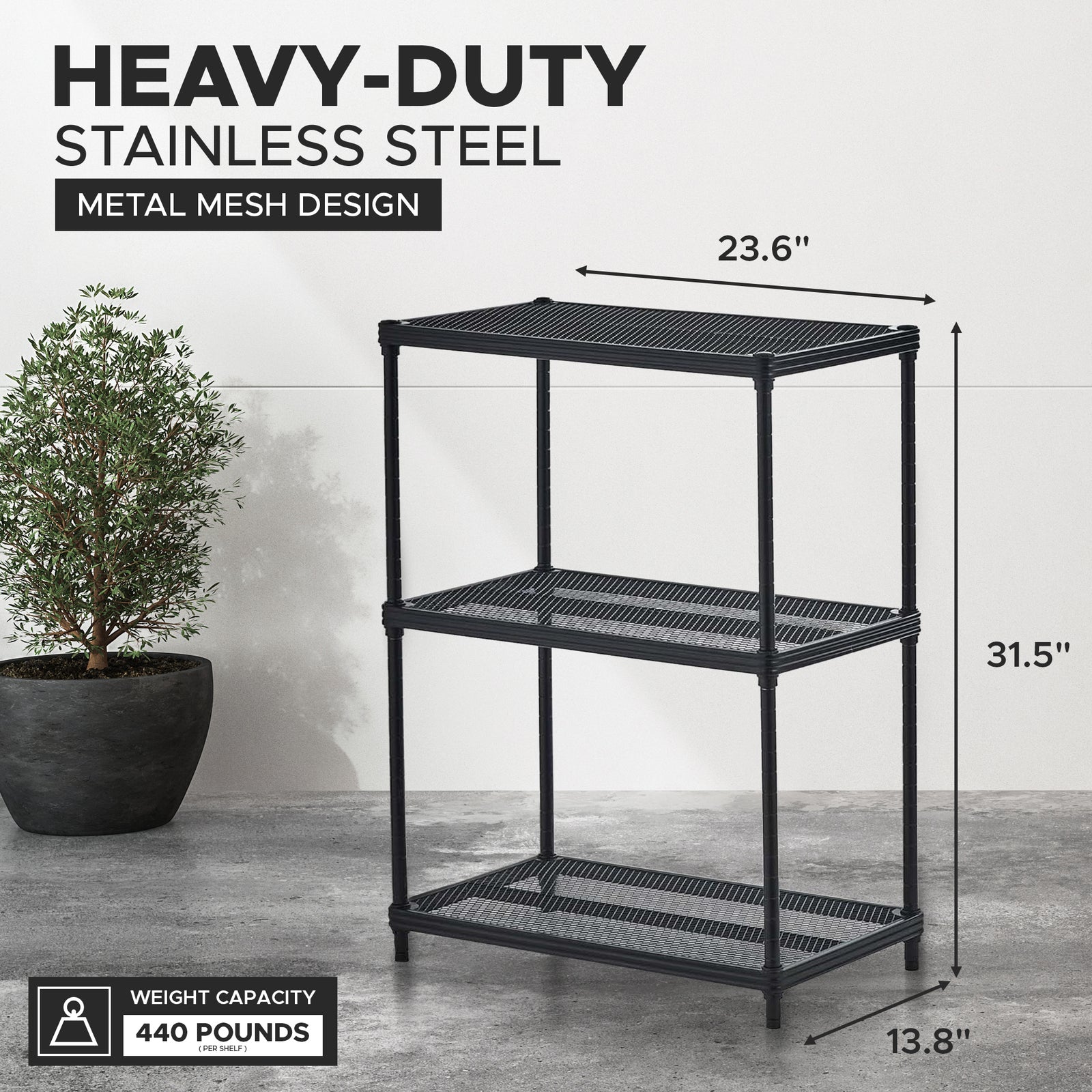 Design Ideas MeshWorks 3 Tier Full-Size Metal Storage Shelving Unit Rack, Black - VMInnovations