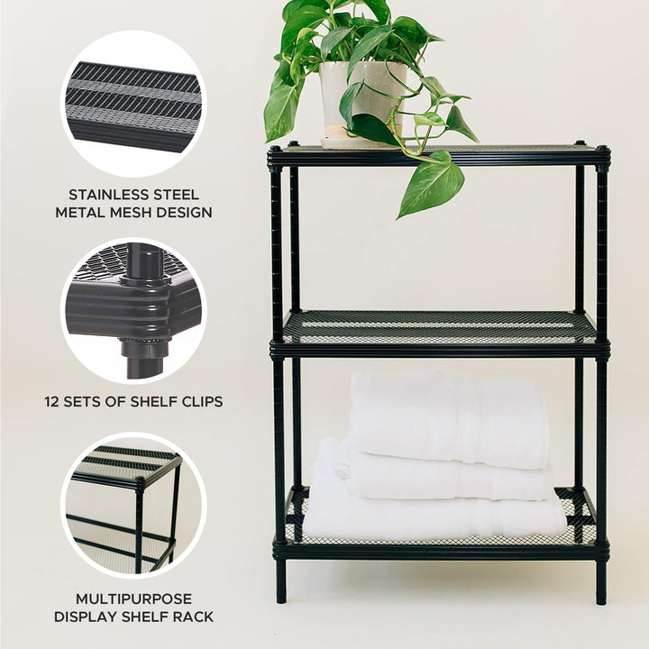 Design Ideas MeshWorks 3 Tier Full-Size Metal Storage Shelving Unit Rack, Black - VMInnovations