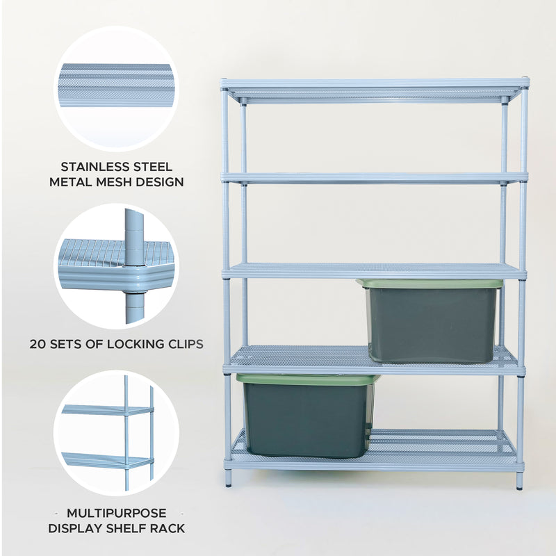 Design Ideas MeshWorks 5 Tier Full-Size Metal Storage Shelving Unit Rack, Blue