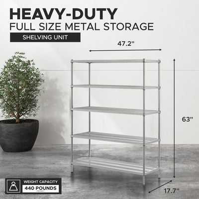 Design Ideas 5 Tier Full-Size Metal Storage Shelving Unit Rack, Silver (Used) - VMInnovations