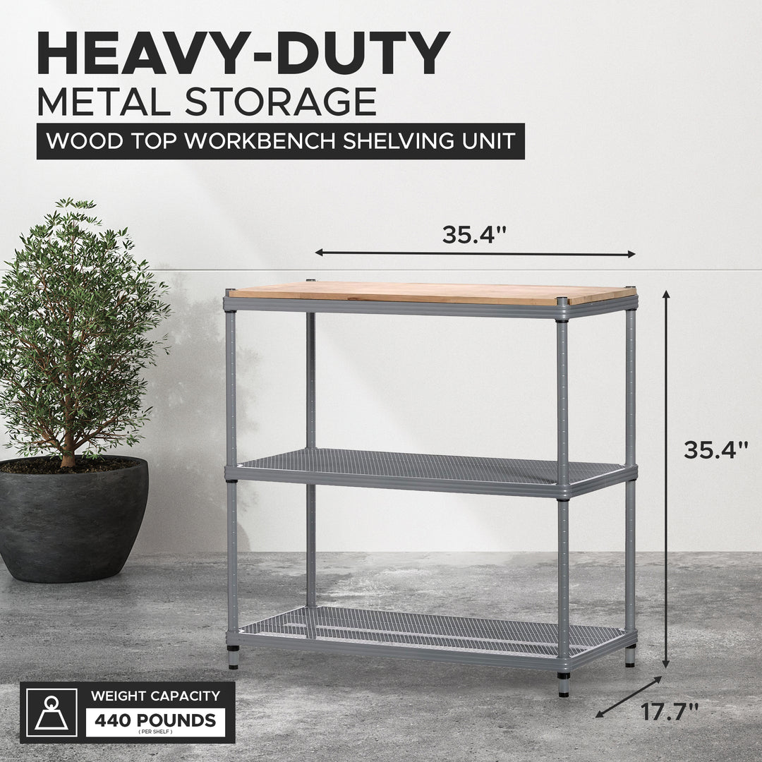 Design Ideas MeshWorks Metal Storage Wood Top Workbench Shelving Unit, Silver - VMInnovations