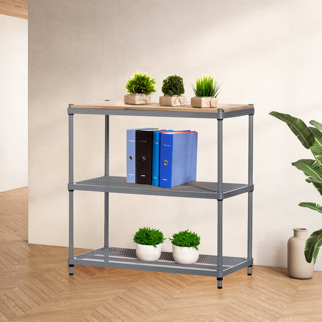 Design Ideas MeshWorks Metal Storage Wood Top Workbench Shelving Unit, Silver - VMInnovations