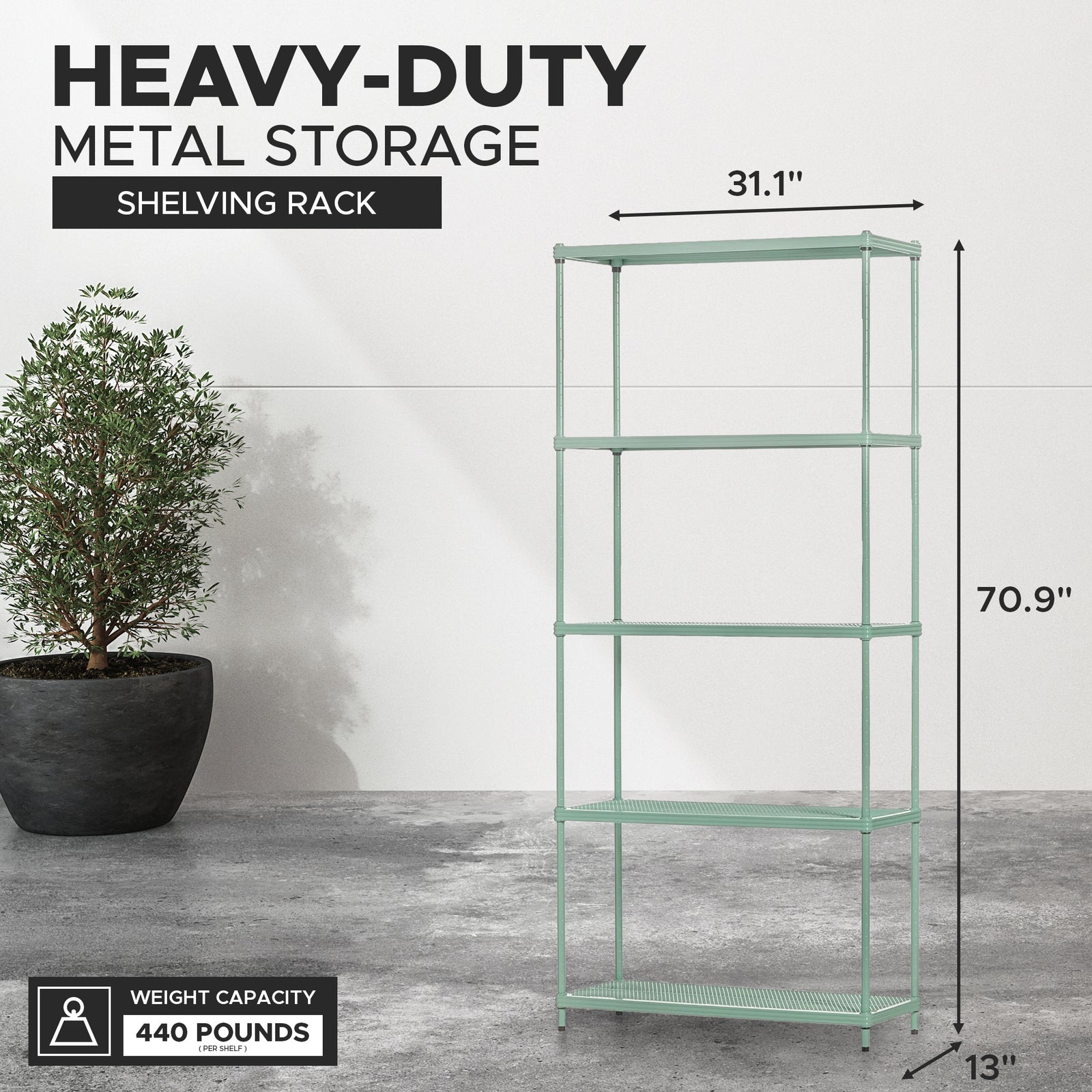 Design Ideas MeshWorks 5 Tier Metal Storage Shelving Unit Rack Bookshelf, Green - VMInnovations