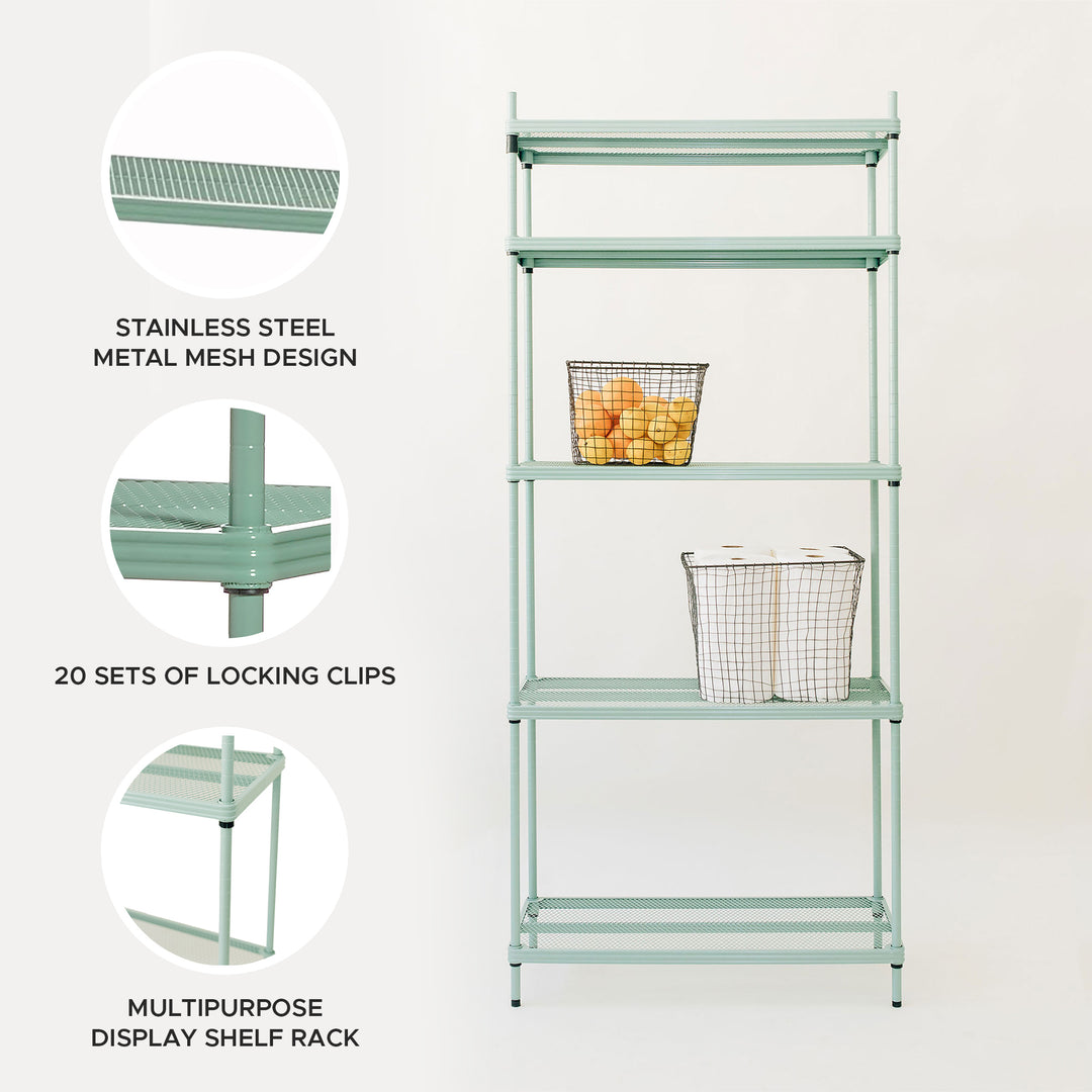 Design Ideas MeshWorks 5 Tier Metal Storage Shelving Unit Rack Bookshelf, Green