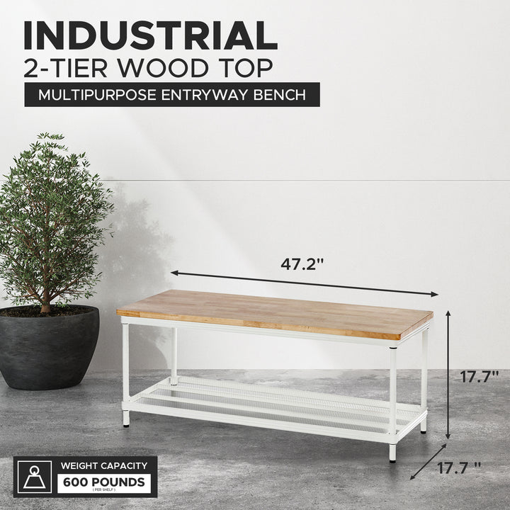 Design Ideas MeshWorks 2 Tier Wood Top Metal Storage Shelving Unit Rack, White - VMInnovations